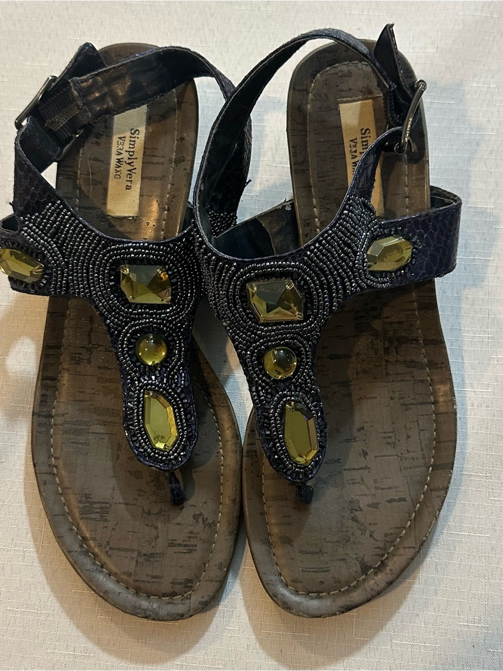 Simply Vera Vera Wang Navy Beaded Gem Wedge Sandals 7.5